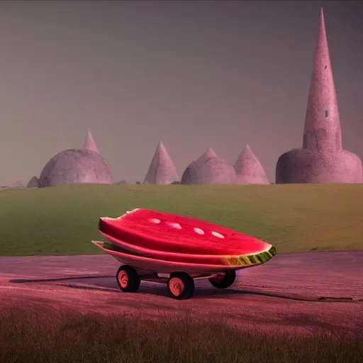 Image similar to Very very very very highly detailed Watermelon as military vehicle with epic weapons, launching rockets on a battlefield in russian city as background. More Military vehicle less watermelon . Concept digital 3D art in style of Caspar David Friedrich, super rendered in Octane Render, epic RTX dimensional dramatic light