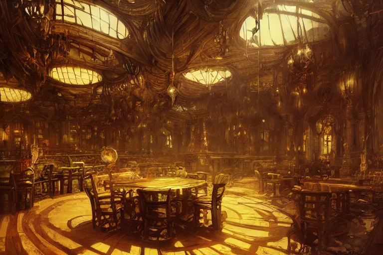 Image similar to fantasy tavern interior, intricate, elegant, highly detailed, john park, john howe, sparth, ruan jia, jeffrey catherine jones