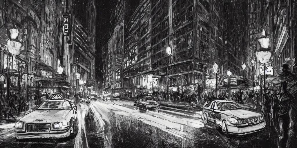 Image similar to cartoonish taxi through the streets of chicago, night time, dramatic lighting, german expresionism, noir film, character sheet, fine details, concept design, high contrast, anthrophomorfic animals, kim jung gi, greg rutkowski, trending on artstation, 8 k, full body, turnaround, front view, back view, ultra wide angle