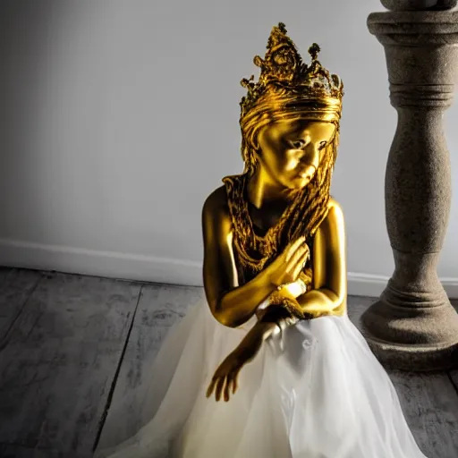 Image similar to a golden statue of a princess, studio lighting, award-winning photograph