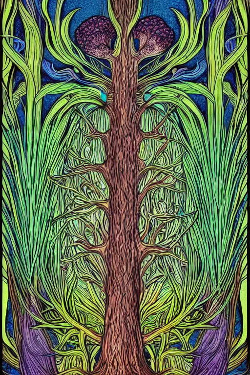 Image similar to a color digital art drawing of a tree with its roots in the water, an illustration of by edgar schofield baum, haeckel and alasdair gray, mushroom ayahuasca iboga art, featured on deviantart, iridescent, ecological art, photoillustration, fractalism, storybook illustration