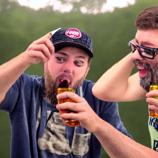 Prompt: nelk boys shotgunning a beer in real life, 8 k, 4 k uhd, realistic, hyper realistic, super detailed, very detailed, detailed