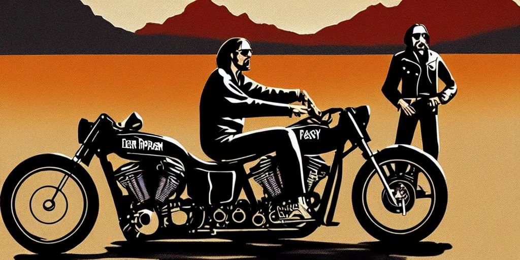 Image similar to easy rider motorcycle movie poster with henry fonda and dennis hopper : : on the road : : unreal engine, detailed