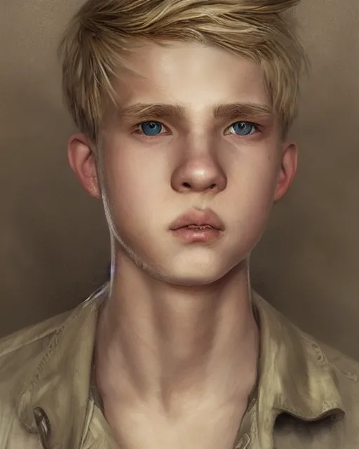 Prompt: portrait of 1 5 - year - old boy with blonde hair, round - face, and slightly buck - toothed, hyper realistic face, beautiful eyes, fantasy art, in the style of greg rutkowski, intricate, hyper detailed, smooth