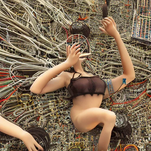 Image similar to deeper into the metaverse we go, piles of modular synth cables mixed with mangrove roots, two kawaii puerto rican goddesses laying down wearing a headpiece made of circuit boards, by cameron gray, wlop, stanley kubrick, masamune, hideki anno, jamie hewlett, unique perspective, trending on artstation, 3 d render, vivid