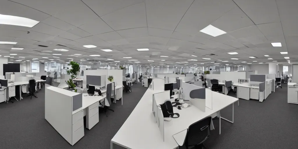 Prompt: wide lense view of open plan office, alienation in the modern age