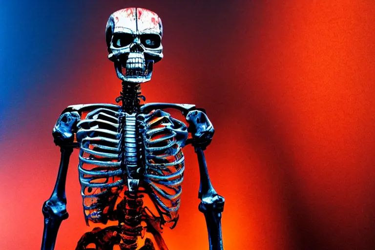Image similar to terminator skeleton, computers on background. high detail, low saturated red and blue light, cinematic colors