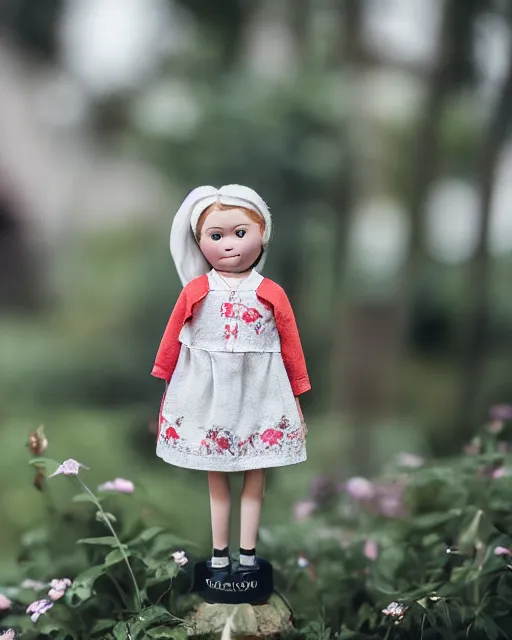 Image similar to high quality presentation photo of a cute greta thunberg porcelain doll, photography 4k, f1.8 anamorphic, bokeh, 4k, Canon, Nikon