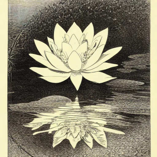 Prompt: illustration of lotus flower, etching by louis le breton, 1 8 6 9, 1 2 0 0 dpi scan