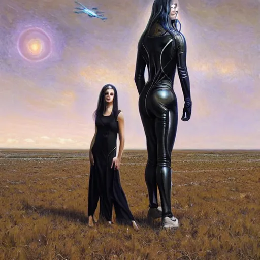 Image similar to pleiadian woman with big eyes and long silver hair wearing a dark body suit and wielding a plasma gun as a realistic sci fi character, portrait art by donato giancola and greg rutkowski, digital art, trending on artstation, standing in a barren field