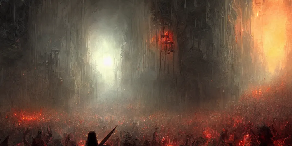 Image similar to Jesus Christ, walking through hell, to destroy Satan's kingdom , a fantasy digital Painting, by Marc Simonetti