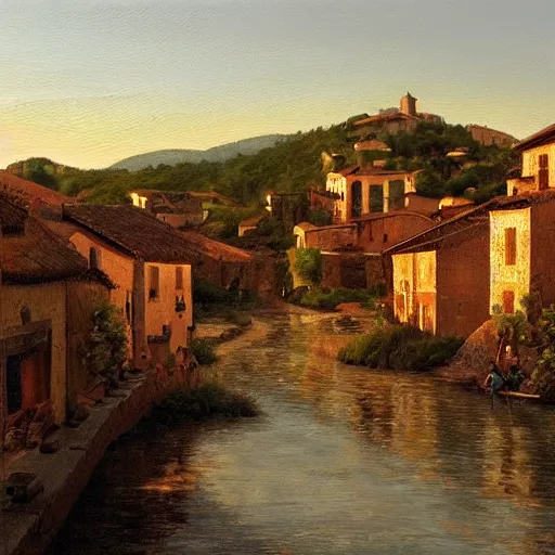 Image similar to High-Quality realist painting of a river crossing a traditional Italian village at dawn, peaceful, very detailed, digital art.