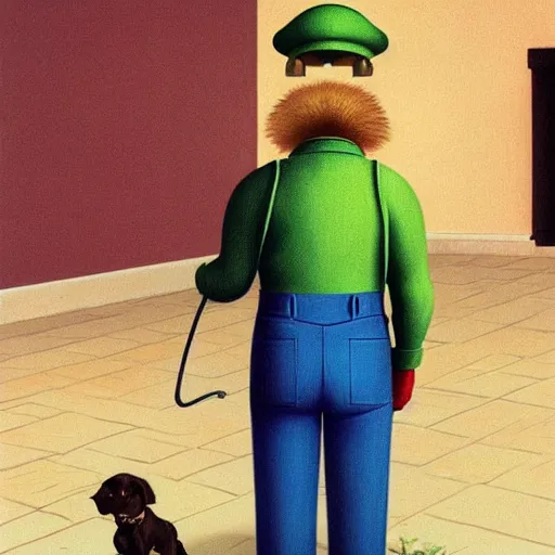 Image similar to a plumber-dog by Raphael, Hopper, and Rene Magritte. detailed, romantic, enchanting, trending on artstation.