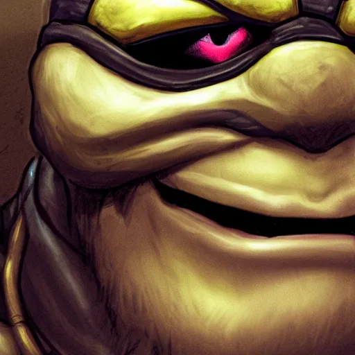 Prompt: a study of cell shaded portrait very close up face of ninja turtle sideview looking at camera as concept art, llustration, post grunge, concept art byA.C. Farley , highly detailed, sharp focus, alien, Trending on Artstation, HQ, deviantart