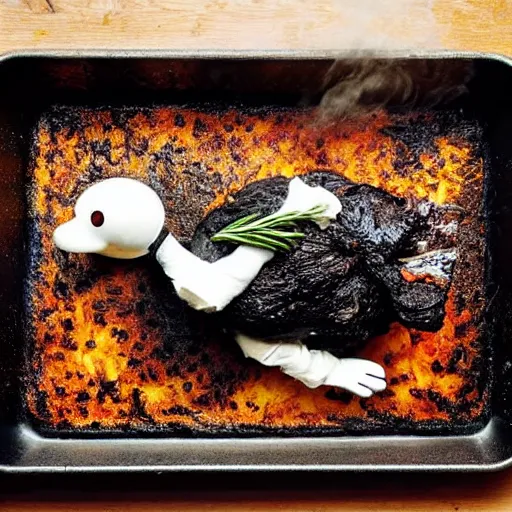 Image similar to roasted spatch donald duck in a baking tray with rosemary and thyme, cooking oil, steam, charred, ready to eat, electric sparks