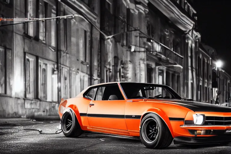 Image similar to widebody audi camaro b 1 ( 1 9 6 9 ), need for speed : carbon, at night, neon lines, lviv historic centre, phonk music background, smoke behind wheels, noise, dark, establishing shot, by simon stalenhag