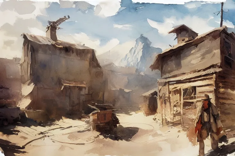 Image similar to small centered on white watercolor paper, paint brush strokes, abstract watercolor painting of nomad settlement, midday sharp light, dust, cinematic light, american romanticism by hans dahl, by jesper ejsing, by anders zorn, by greg rutkowski, by greg manchess, by tyler edlin