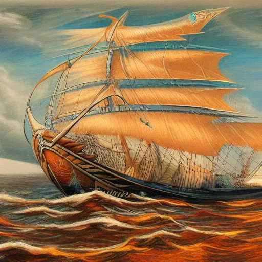 Prompt: grand maori ship fantasy high seas rain wind moody