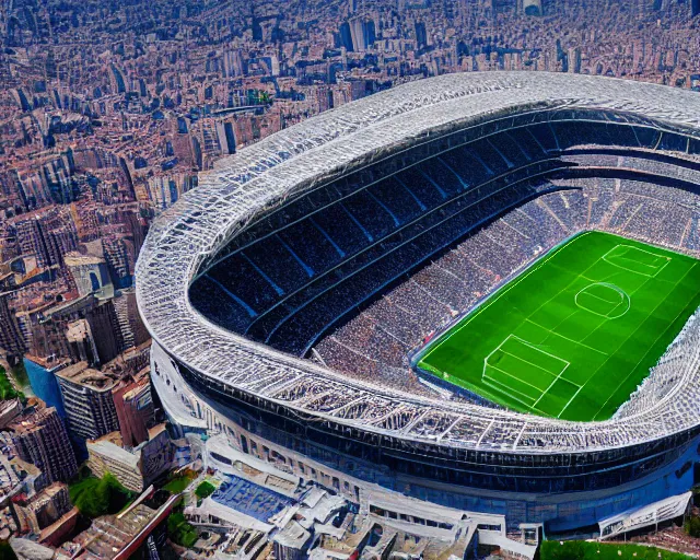 Prompt: 4 k hd, high resolution photograph of santiago bernabeu stadium from above, full colour, shot with sigma f / 4. 2, 2 5 0 mm sharp lens, wide shot, high level texture render