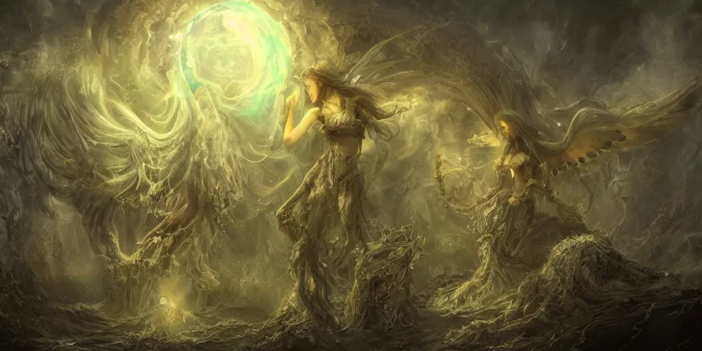 Image similar to concept art of translucent glowing fairies, lovecraftian, renaissance, melting, round moon, rich clouds, fighting the horrors of the unknown, very detailed, volumetric light, mist, fine art, decaying, textured oil over canvas, epic fantasy art, very colorful, ornate scales