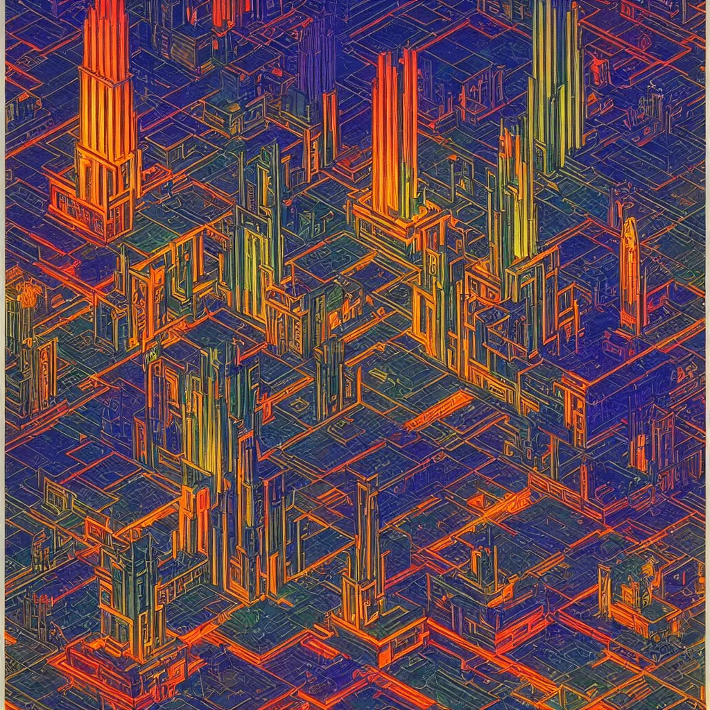 Image similar to isometric artdeco cyberpunk neon cathedral at night by frank lloyd wright, isometric, painted by piet mondrian