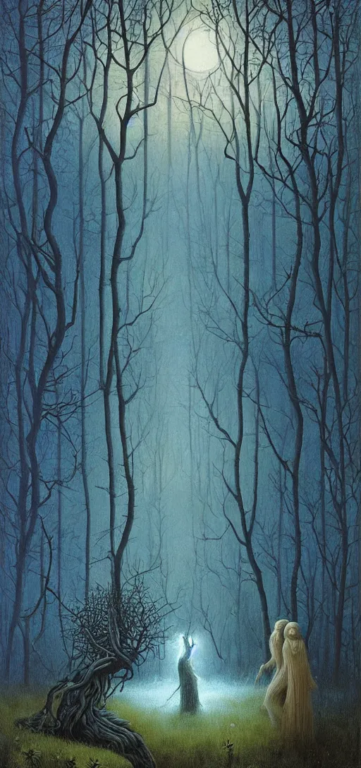 Prompt: painterly dreamy Kupala Night in the blue forest with trees with many huge eyes, giant flowers, glowing owls, deers, women, lianas, thistles, giant fantasy creatures, a stream and sky with moon and stars by Beksinski, Alex Grey, Aron Wiesenfeld and Giger dark fantasy, witcher, very detailed oil painting in the alla prima style, masterpiece, 8k