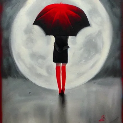 Image similar to rain, moon, knight and princess, oil painting, red and black, bloom, detailed, coherent like dalle 2