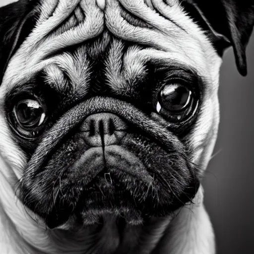 Prompt: portrait of a pug with an emo haircut, intricate detail, high contrast, studio photo, well lit,