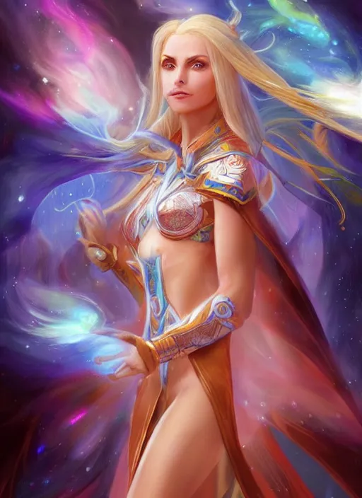 Image similar to blonde female high elf with blue glowing eyes in a multicolored robe, floatiung in front of a nebula, D&D, fantasy, intricate, cinematic lighting, highly detailed, digital painting, Artstation, concept art, smooth, sharp focus, art by Artgerm and Greg Rutkowski, SFW Version