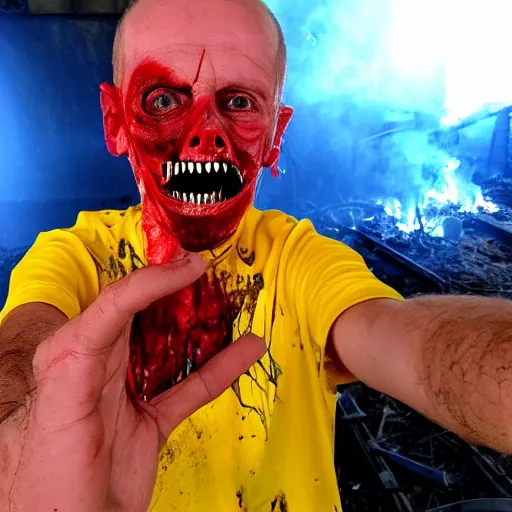 Image similar to , funny and frightened ukrainian burned to bones bleeding in dirty yellow and blue rags on the background of a huge nuclear explosion selfie 2 0 2 2