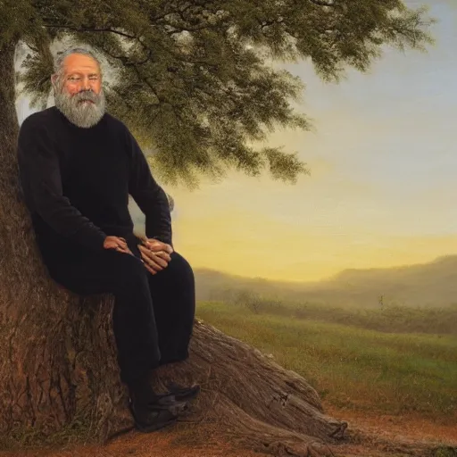 Image similar to A bearded old man wearing an all-black outfit sitting on a tree stump in a field at sunrise, oil on canvas, 8k, highly detailed and intricate,