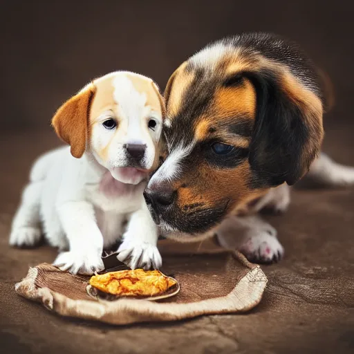 Image similar to photography of a puppie giving some food to baby cat, animal photography, award winning photography by Leonardo Espina