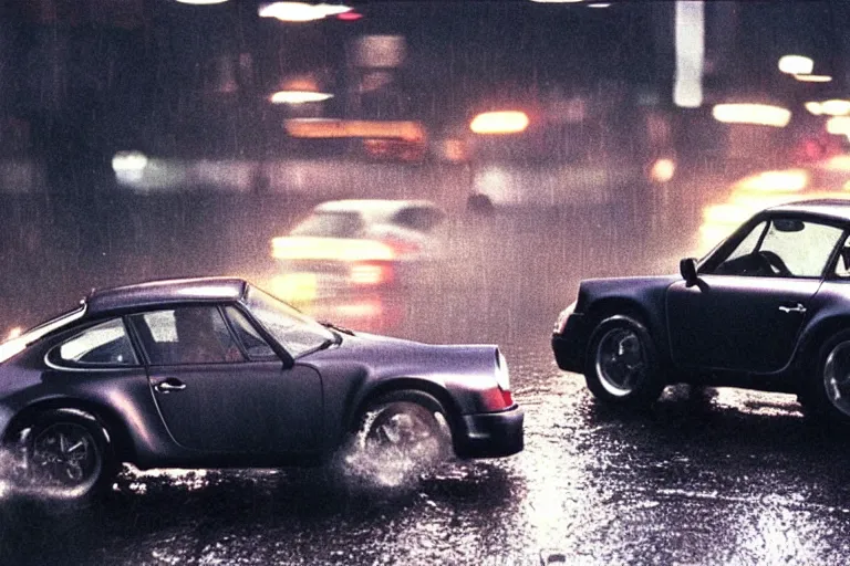 Prompt: a single 1 4 8 0 porsche 9 1 1, racing down tokyo highway in the rain, movie still from bladerunner