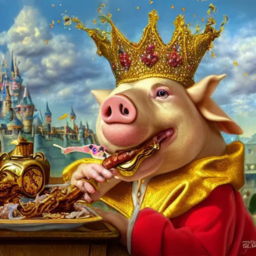 Image similar to pig wearing gold crown with mustache eating pork rind snacks, Realistic, Regal, Refined, Detailed Digital Art, Michael Cheval, Walt Disney (1937), François Boucher, Oil Painting, Steampunk, Highly Detailed, Cinematic Lighting, Unreal Engine, 8k