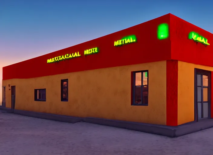 Prompt: realistic exterior photo of a mexican restaurant, vaporwave, in a flat barren desert. 15mm. Very detailed 8k. Sharp. Cinematic post-processing. Unreal engine. Nanite. Ray tracing. Parallax. Tessellation