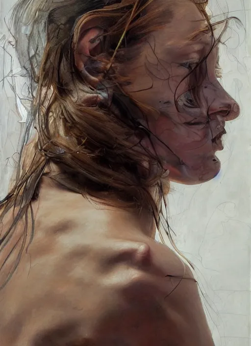 Image similar to high quality high detail painting by jenny saville, hd, a skinny beautiful androgenous person, hair in wind, photorealistic lighting