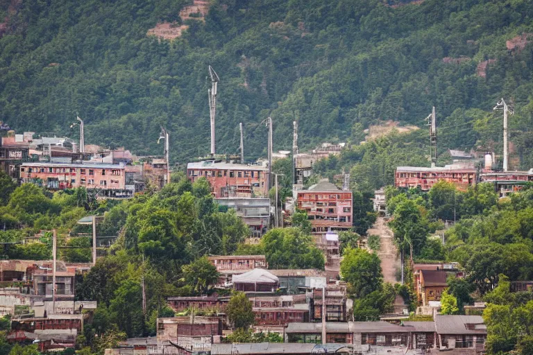 Image similar to looking down street, warehouses lining the street. forested hills background with radio tower on top. telephoto lens compression.