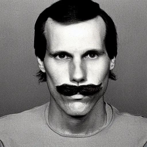 Prompt: A mugshot portrait of a man who looks like Jerma985 with short length wavy hair and a slightly receded hairline and bangs, has a chevron mustache and wearing mid 1980s menswear in the late 1980s, taken in the late 1980s, grainy, realistic, hyperrealistic, very realistic, highly detailed, very detailed, extremely detailed, detailed, trending on artstation, front facing, front view, headshot and bodyshot, detailed face, very detailed face