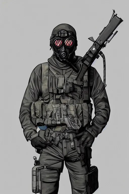 Image similar to british sas operative with the standard s 1 0 gas mask and the black uniform, 8 0 s, artstation, trending on artstation, establishing shot