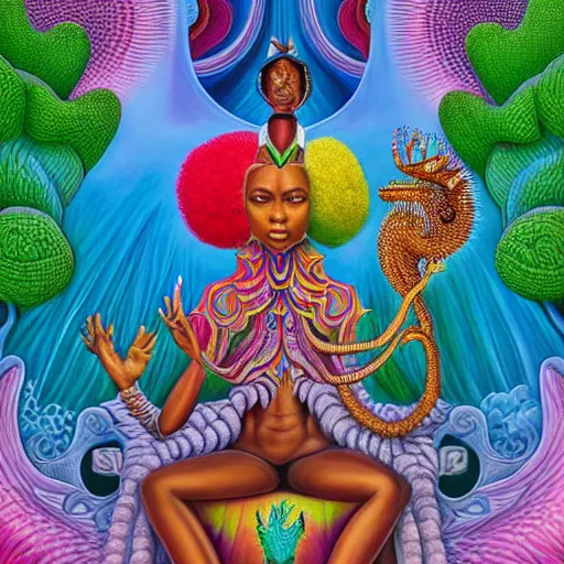 Prompt: a regal and heroic african queen with a colorful afro and her pet dragon sitting in a cabana near a larg near a pink river with a large glowing baobab tree, by amanda sage and alex grey and evgeni gordiets in a surreal psychedelic style, symmetrical, detailed eyes, oil on canvas 8k, hd