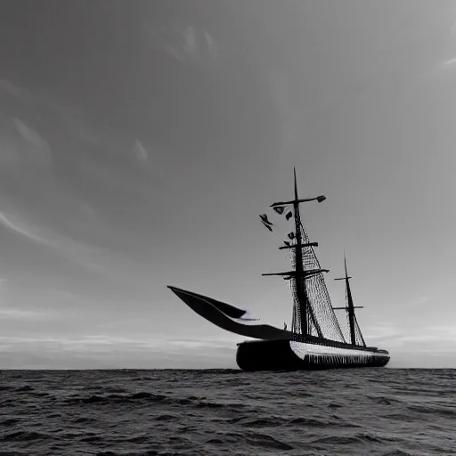 Image similar to Black and White photo of steampunk airship flying across the Atlantic Ocean