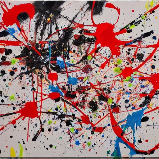 Prompt: a painting with lots of paint splattered on it, an abstract painting by pollock, pixiv, gutai group, artwork, academic art, official art