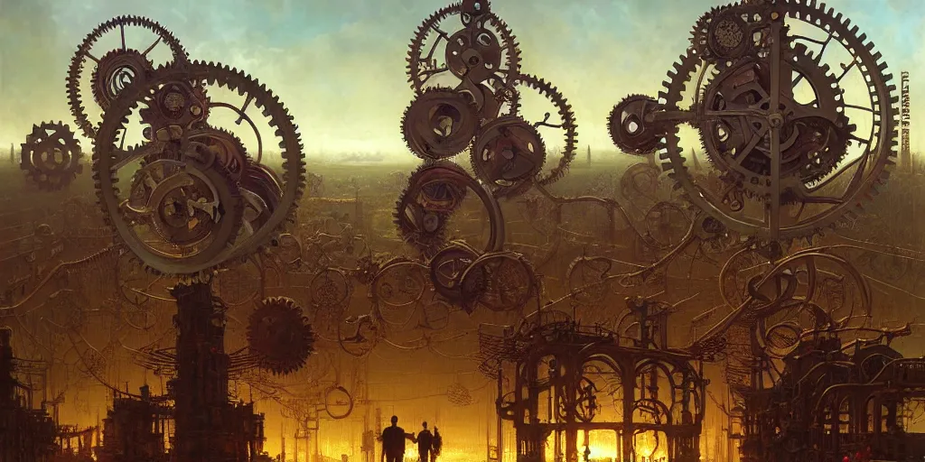 Image similar to giant interlocked gears cogs clockwork, giant mechanisms, industry, villages castles, buildings vista artstation illustration sharp focus sunlit vista painted by ruan jia raymond swanland lawrence alma tadema zdzislaw beksinski norman rockwell tom lovell alex malveda greg staples