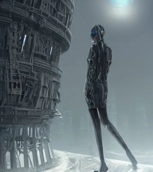 Prompt: tarkovsky greatest scene, the ancient destroyed majestic tower of babylon, woman in futuristic cyber clothing, transparent puffer jacket, hyper realistic, virtual background, cyber world, ambient lighting, concept art, intricate, hyper detailed, smooth, dynamic volumetric lighting, octane, ray trace, cinematic, high quality, high resolution, 4 k, cgsociety