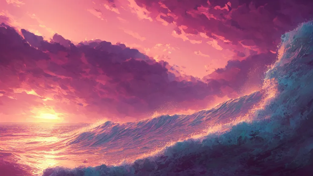 Image similar to a pink beach with impossibly large waves crashing against the shoreline, beautiful twilight sunset background, by sylvain sarrailh, rossdraws, ambient light, ultra detailed, fantasy artwork, 8 k, volumetric lighting, trending on artstation, award winning, very beautiful.