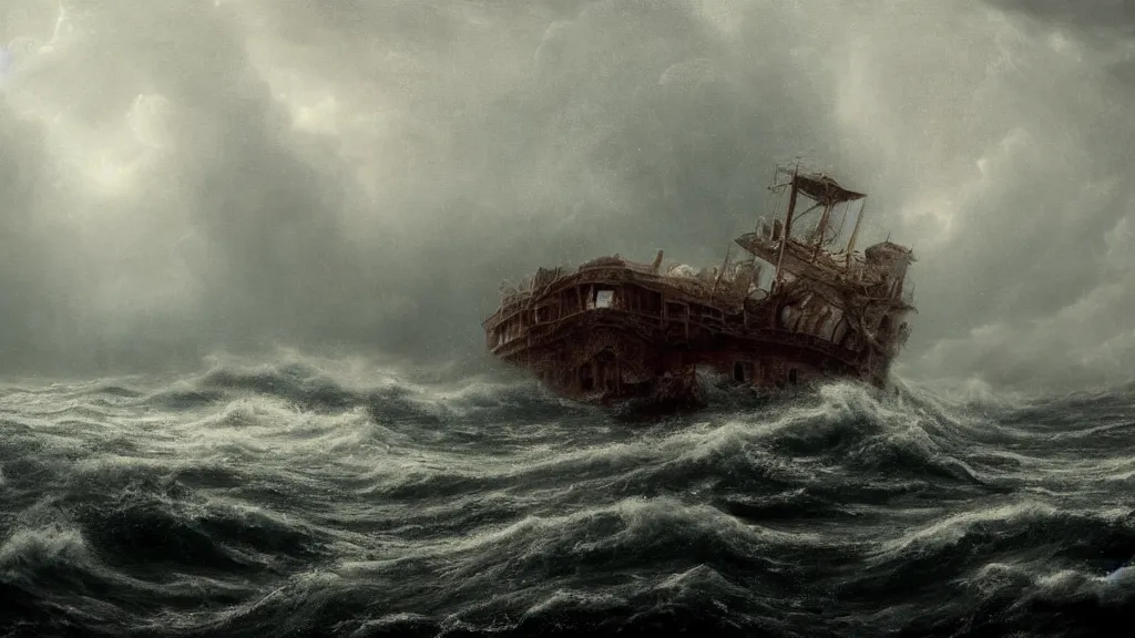 Prompt: a surreal dreamlike scene of a ghost ship at sea during a thunderstorm, somber melancholic matte painting, highly detailed oil painting, liminal space, 8k, ghostly solitude, sorrowful nostalgic awe-inspiring atmosphere, masterpiece