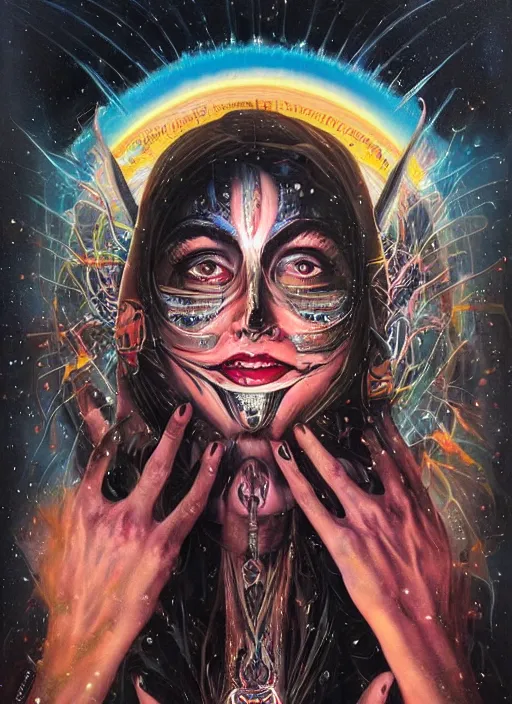 Prompt: gorgeous magic cult psychic woman smiling, third eye, energetic consciousness psychedelic, epic surrealism expressionism symbolism, story telling, iconic, dark robed, oil painting, symmetrical face, dark myth mythos, by Sandra Chevrier , Bruce Pennington, masterpiece