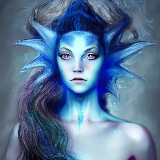 Prompt: The dragon girl portrait, portrait of young girl half dragon half human, dragon girl, dragon skin, dragon eyes, dragon crown, blue hair, long hair, highly detailed, cinematic lighting, digital painting by David Lynch