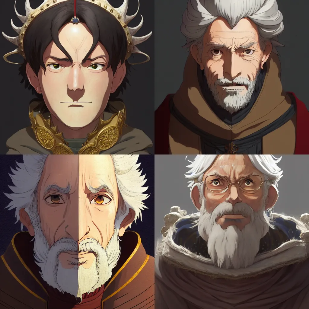 Prompt: portrait of a medieval old king, artstation, cartoon, elegant, highly detailed, digital painting, clean outstanding art by ghibli!, makoto shinkai!, bluth!, fujita goro!, giraud!, ghailan!, akihiko yoshida!, fadeev! 8 k