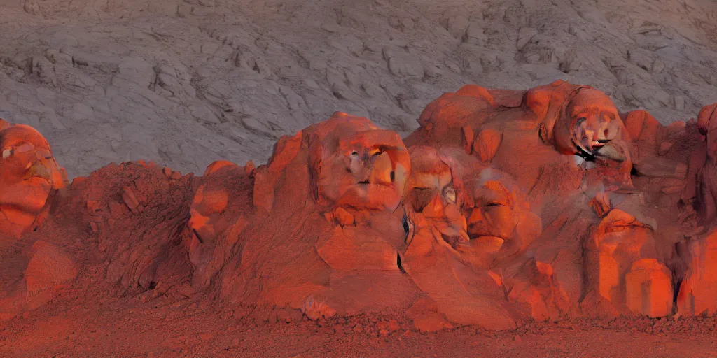 Image similar to statues of queens and empresses carved into a red mountain range on mars, sci - fi, landscape, mount rushmore